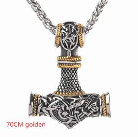 Nordic Vikings Hammer Rune Pendant Necklace Male (Option: 70CM golden)