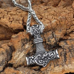 Nordic Vikings Hammer Rune Pendant Necklace Male (Option: Ancient silver BSK chain)
