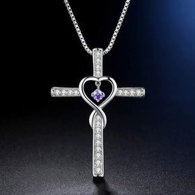 Infinity Love God We Trust Christian Cross Birthstone Crystal Pendant Necklace Colour Gems Zircon Heart Necklace Women Jewelry (Option: 8 Style)