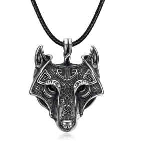 Asgard Crafted Norse Grey Wolf Head Pendant Chain (Option: Silver-Rope)