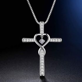 Infinity Love God We Trust Christian Cross Birthstone Crystal Pendant Necklace Colour Gems Zircon Heart Necklace Women Jewelry (Option: 7 Style)