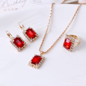 The Crystal Set Necklace Earring Ring Three-piece Set (Color: Red)