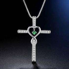 Infinity Love God We Trust Christian Cross Birthstone Crystal Pendant Necklace Colour Gems Zircon Heart Necklace Women Jewelry (Option: 12 Style)