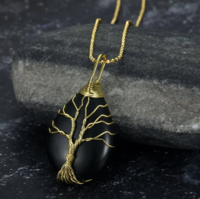 Celtic Tree Of Life Pendant & Chain On Teardrop Semi-Precious Stone (Option: Black Agate)