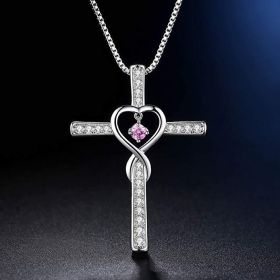 Infinity Love God We Trust Christian Cross Birthstone Crystal Pendant Necklace Colour Gems Zircon Heart Necklace Women Jewelry (Option: 3 Style)