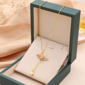 Moving Cupid Heart Angel Wings Tassel Necklace With Crystal Clavicle Chain Women Jewelry Gift Valentine's Day (Color: Gold)
