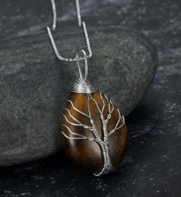 Celtic Tree Of Life Pendant & Chain On Teardrop Semi-Precious Stone (Option: Tiger Eye)