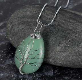 Celtic Tree Of Life Pendant & Chain On Teardrop Semi-Precious Stone (Option: Green Aventurine)