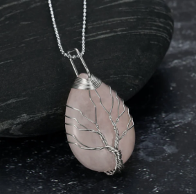 Celtic Tree Of Life Pendant & Chain On Teardrop Semi-Precious Stone (Option: Rose Quartz)