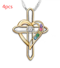 Cross Love Colorful Imitatio Gemstone Pendant Alloy Clavicle Chain (Option: Cross love-4PCS)