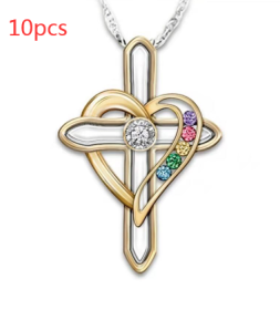 Cross Love Colorful Imitatio Gemstone Pendant Alloy Clavicle Chain (Option: Cross love-10PCS)
