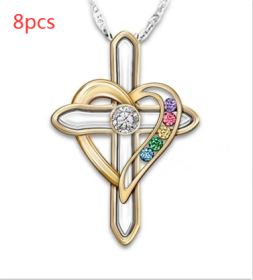 Cross Love Colorful Imitatio Gemstone Pendant Alloy Clavicle Chain (Option: Cross love-8PCS)