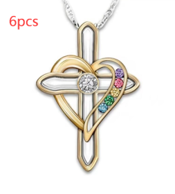 Cross Love Colorful Imitatio Gemstone Pendant Alloy Clavicle Chain (Option: Cross love-6PCS)