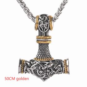 Nordic Vikings Hammer Rune Pendant Necklace Male (Option: 50CM golden)